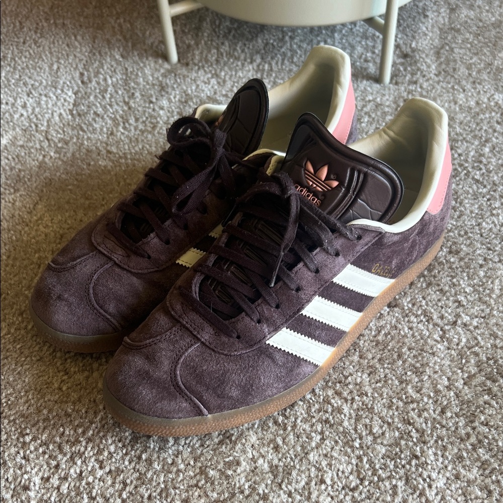Adidas Plum Suede Sneakers with White Stripes and Pink Heel